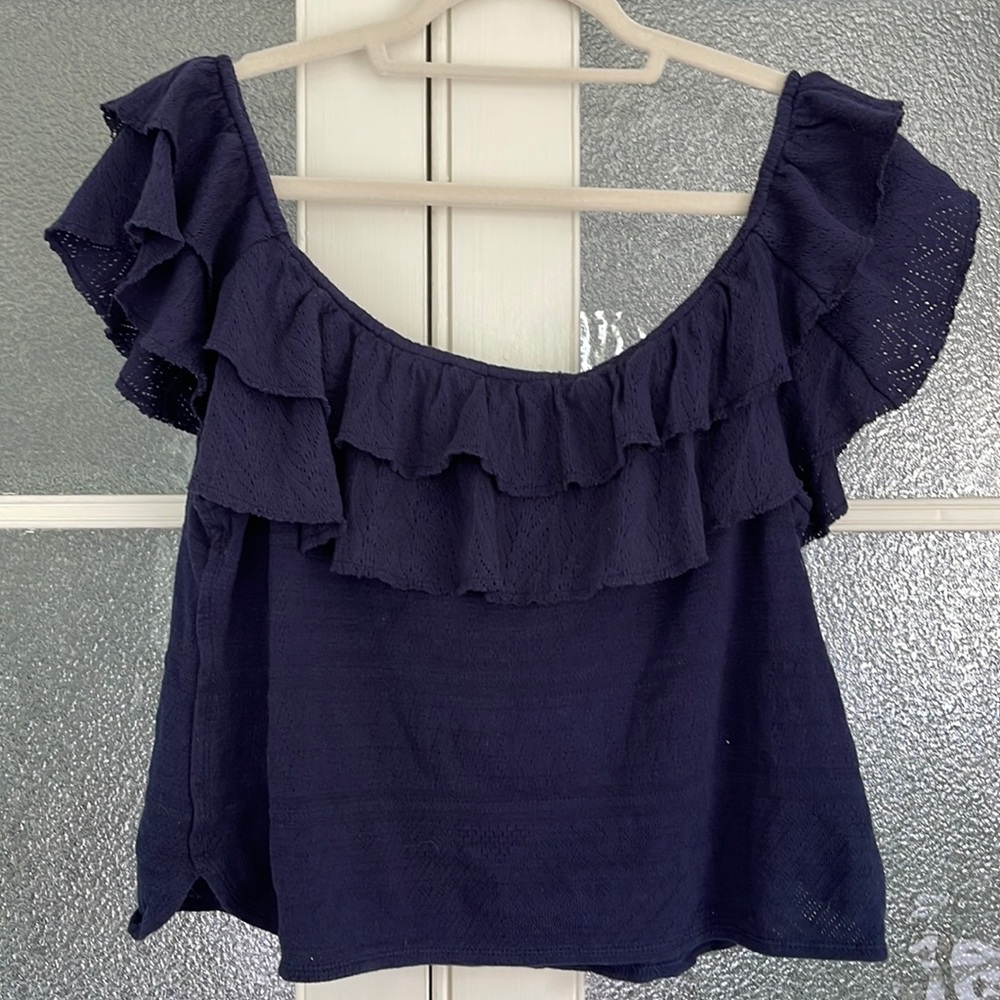 Anthropologie ruffled pointelle off-the-shoulder top